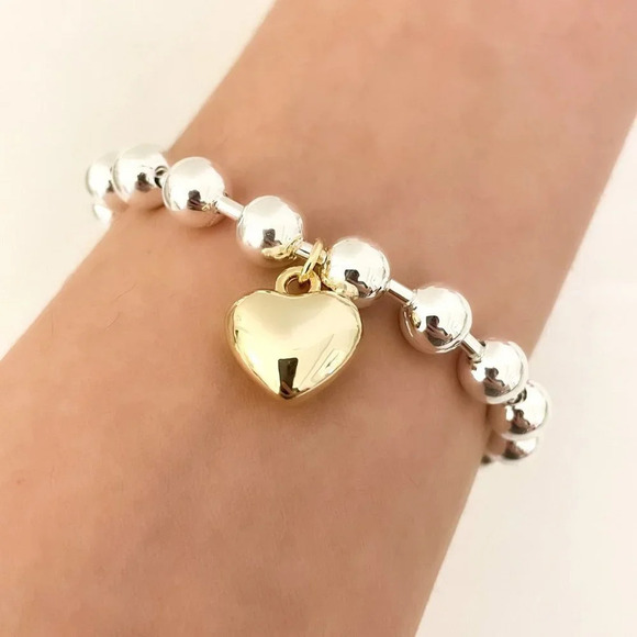 Jewelry - 925 Sterling Silver Bead Bracelet Two Tone Chunky Heart Bracelet Dangle Heart